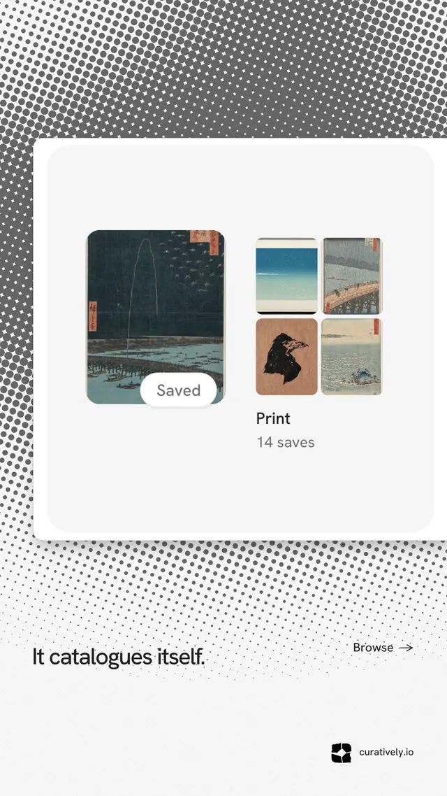 Instagram story for Curatively: "It catalogues itself." Swiss style, image led layout, light palette in white, grey.