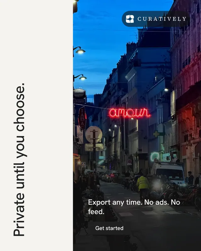 Instagram portrait post for Curatively: "Private until you choose." Swiss style, vertical layout, light palette in blue, white, black.