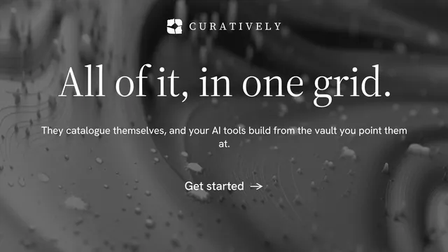 Landscape graphic for Curatively: "All of it, in one grid." Minimal luxury style, centred layout, dark palette in black, grey.