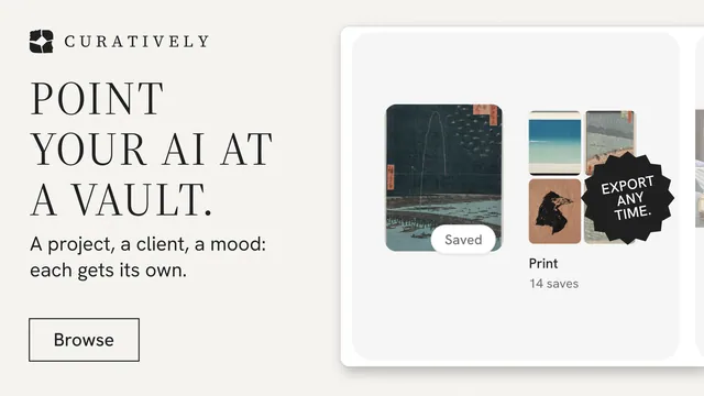 Landscape graphic for Curatively: "Point your AI at a vault." Editorial style, sticker layout, light palette in white, grey.