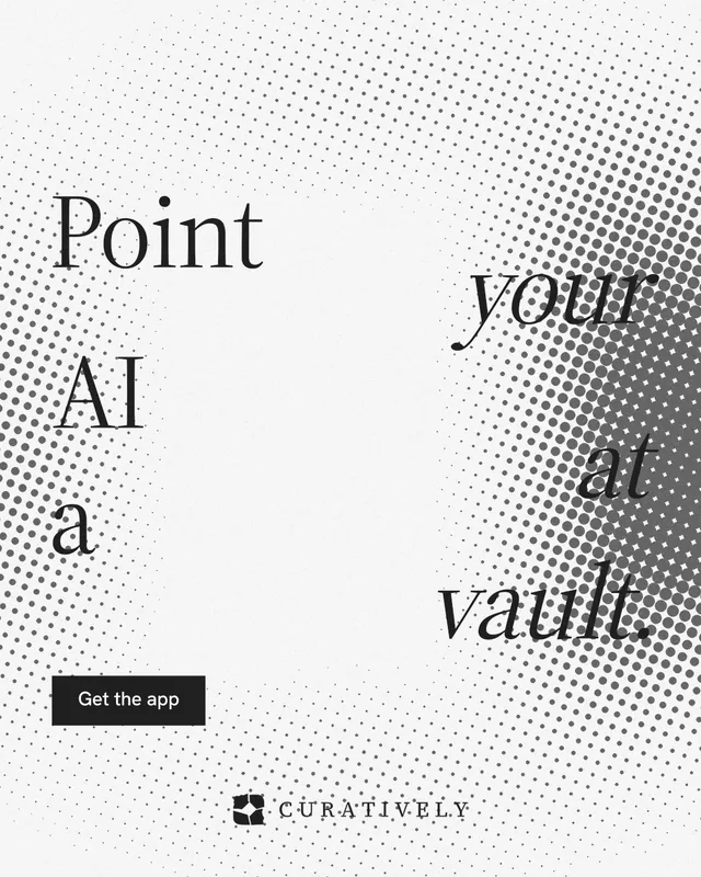 Instagram portrait post for Curatively: "Point your AI at a vault." Split block style, stacked layout, light palette in white, grey.