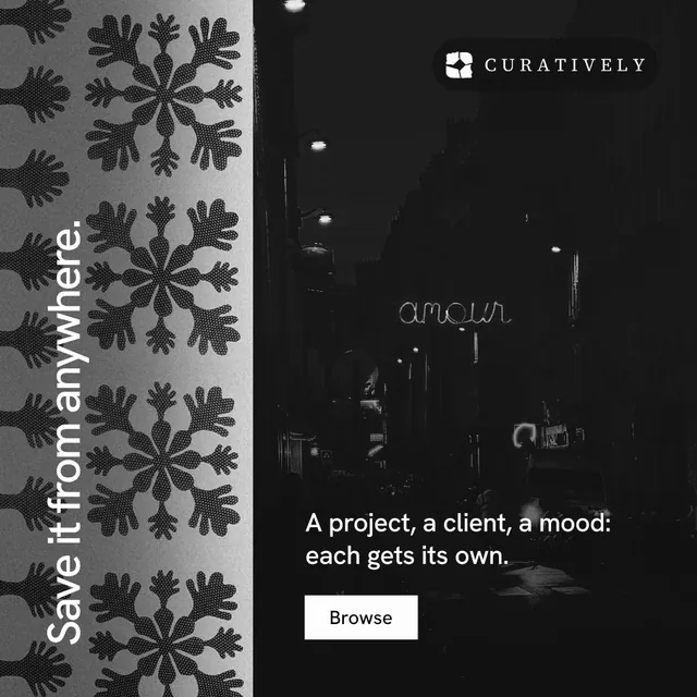 Instagram post for Curatively: "Save it from anywhere." Swiss style, vertical layout, dark palette in black, grey.
