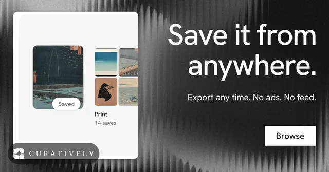 Social ad for Curatively: "Save it from anywhere." Swiss style, right layout, light palette in white, grey, black.