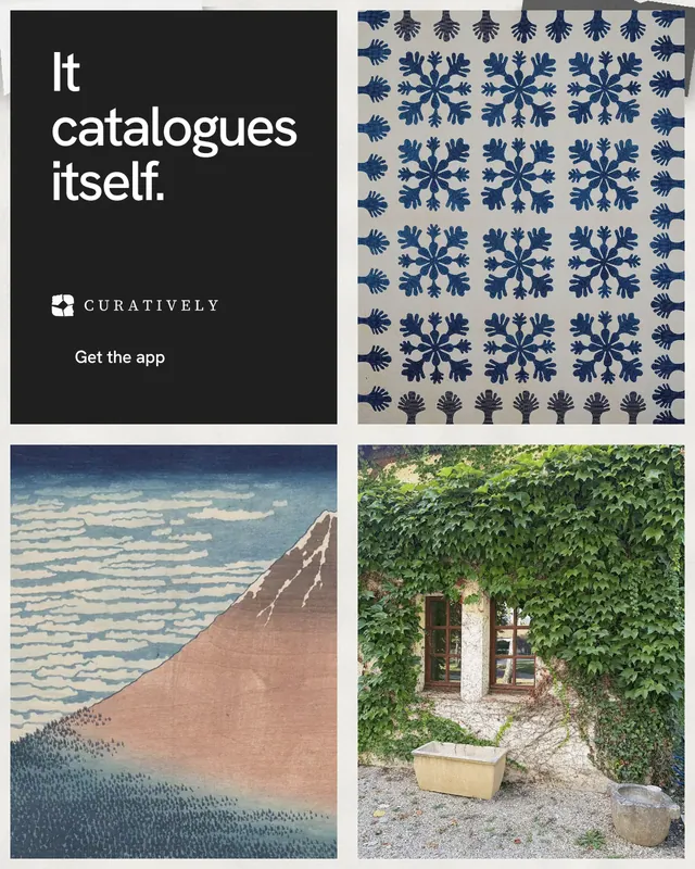 Instagram portrait post for Curatively: "It catalogues itself." Swiss style, collage layout, light palette in grey, black, white.