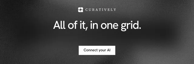 X header for Curatively: "All of it, in one grid." Swiss style, centred layout, dark palette in black, grey.