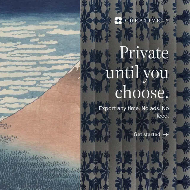 Instagram post for Curatively: "Private until you choose." Minimal luxury style, right layout, dark palette in grey, blue.
