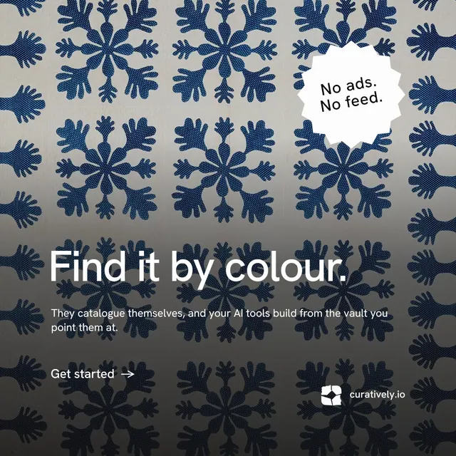 Instagram post for Curatively: "Find it by colour." Minimal luxury style, sticker layout, dark palette in grey, black, blue.