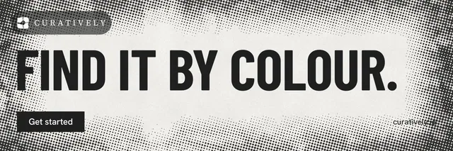 X header for Curatively: "Find it by colour." Retro print style, poster layout, light palette in grey, white.