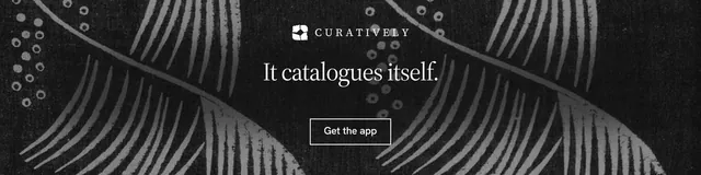 LinkedIn banner for Curatively: "It catalogues itself." Editorial style, centred layout, dark palette in grey, black.