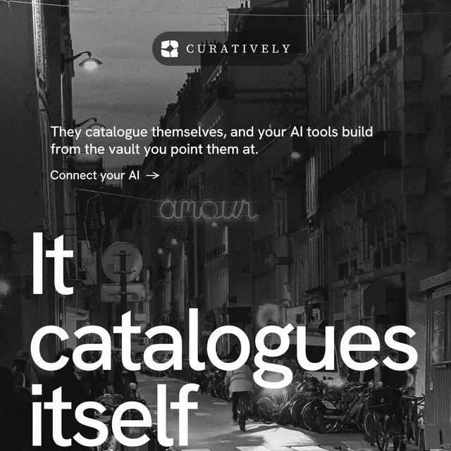 Instagram post for Curatively: "Find it by colour." Minimal luxury style, oversized layout, dark palette in black, grey.