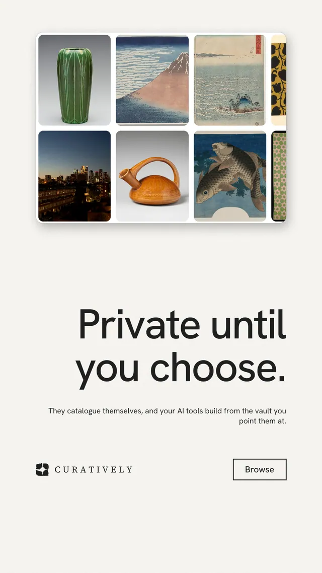 Instagram story for Curatively: "Private until you choose." Editorial style, right layout, light palette in white, grey.