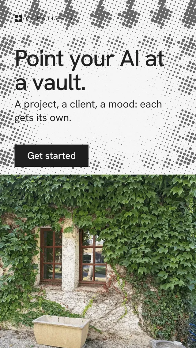 Instagram story for Curatively: "Point your AI at a vault." Swiss style, skeleton layout, light palette in green, grey, white.