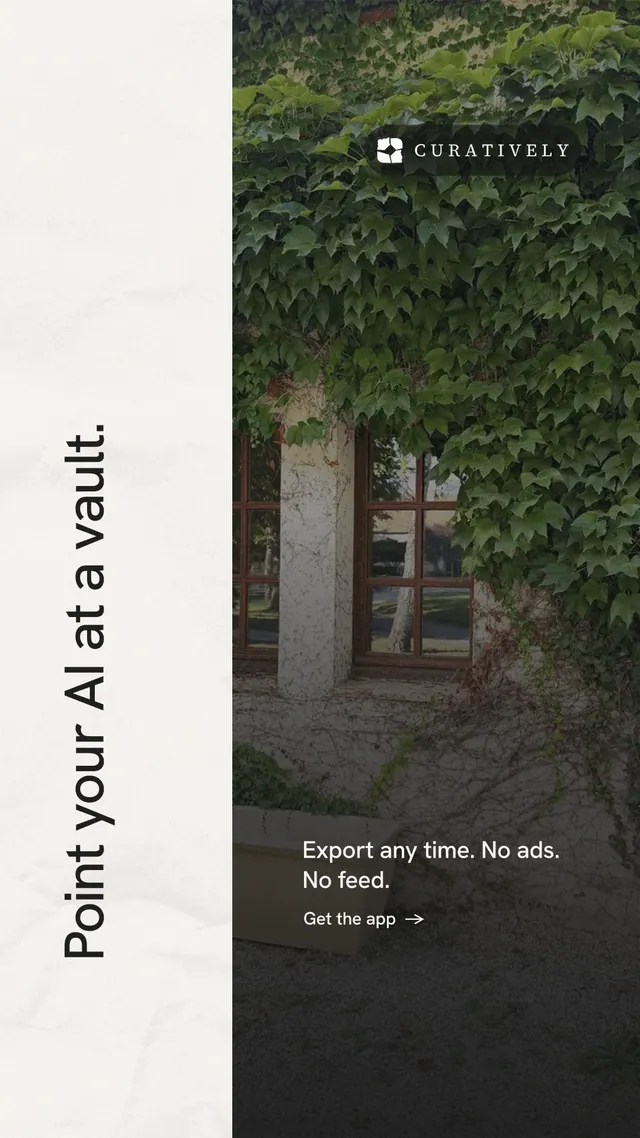 Instagram story for Curatively: "Point your AI at a vault." Minimal luxury style, vertical layout, light palette in black, white.