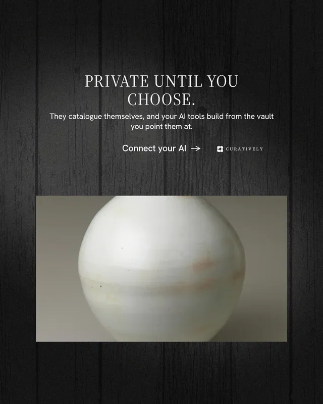 Instagram portrait post for Curatively: "Private until you choose." Minimal luxury style, centred layout, dark palette in black, grey.