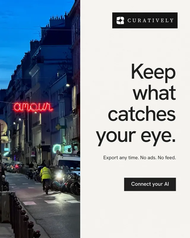 Instagram portrait post for Curatively: "Keep what catches your eye." Swiss style, right layout, light palette in white, blue.