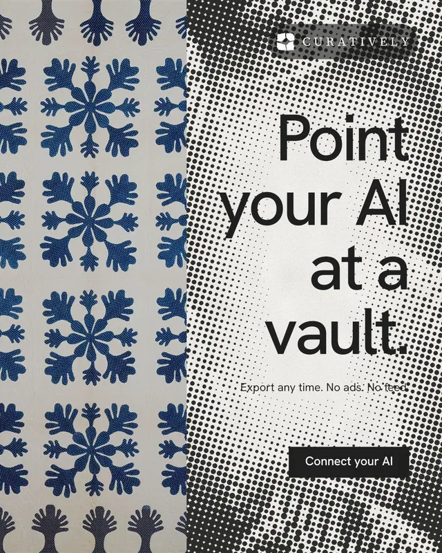 Instagram portrait post for Curatively: "Point your AI at a vault." Swiss style, right layout, light palette in grey, white.