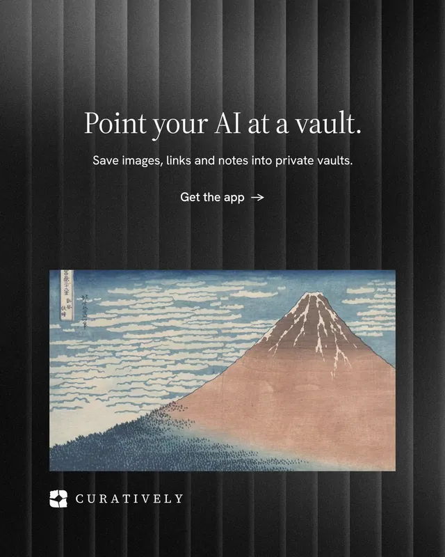 Instagram portrait post for Curatively: "Point your AI at a vault." Minimal luxury style, centred layout, dark palette in grey, black.