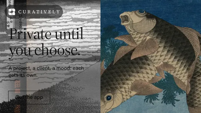 Landscape graphic for Curatively: "Private until you choose." Editorial style, bottom layout, dark palette in blue, grey.