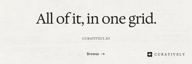 X header for Curatively: "All of it, in one grid." Editorial style, smallcaps layout, light palette in white, grey.