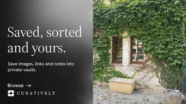 Landscape graphic for Curatively: "Saved, sorted and yours." Minimal luxury style, bottom layout, dark palette in grey, black.