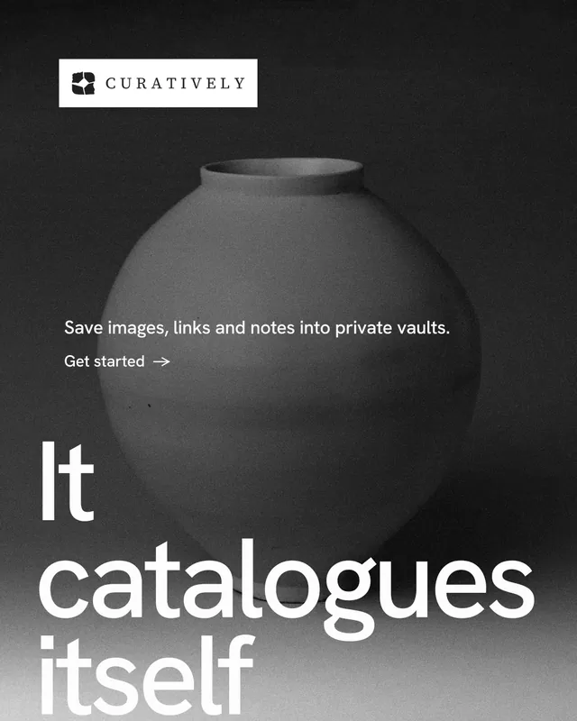 Instagram portrait post for Curatively: "Then build from it." Minimal luxury style, oversized layout, dark palette in grey, black.