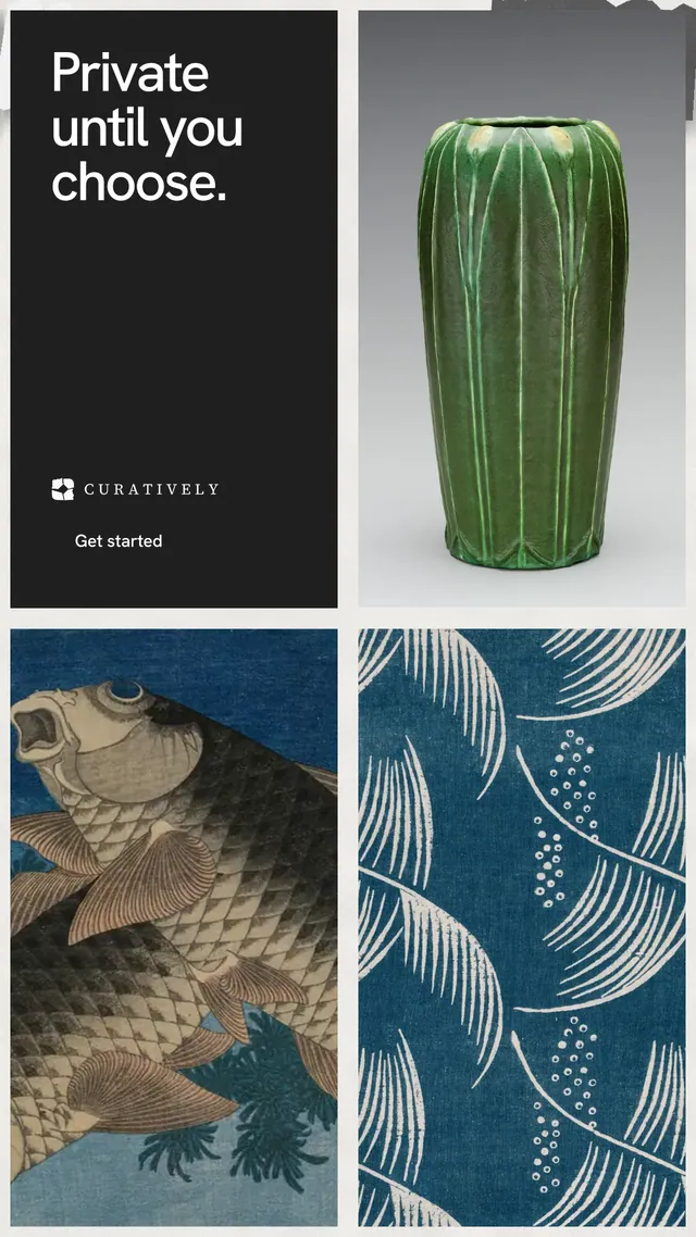 Instagram story for Curatively: "Private until you choose." Swiss style, collage layout, dark palette in teal, grey, black.