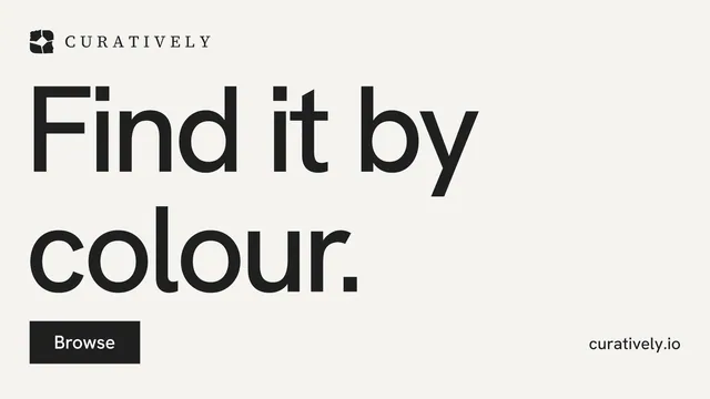 Landscape graphic for Curatively: "Find it by colour." Swiss style, poster layout, light palette in white, grey.