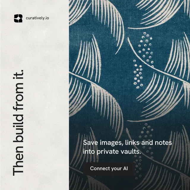 Instagram post for Curatively: "Then build from it." Swiss style, vertical layout, light palette in blue, white, grey.