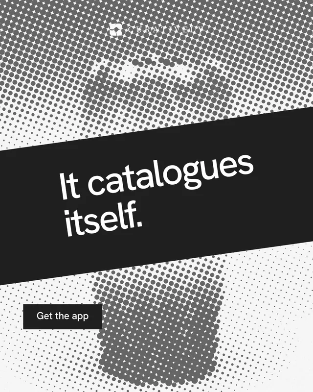 Instagram portrait post for Curatively: "It catalogues itself." Swiss style, diagonal layout, light palette in grey, white, black.