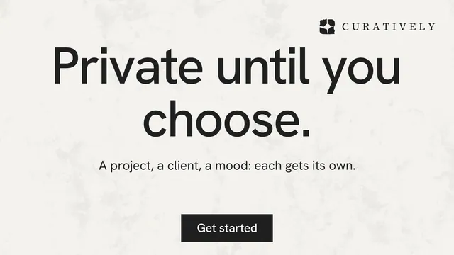 Landscape graphic for Curatively: "Private until you choose." Swiss style, centred layout, light palette in white, grey.