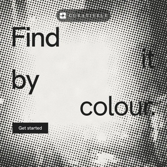 Instagram post for Curatively: "Find it by colour." Swiss style, stacked layout, light palette in grey, white.