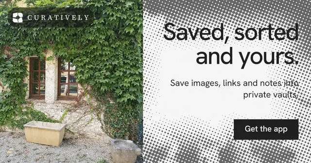 Social ad for Curatively: "Saved, sorted and yours." Swiss style, right layout, light palette in green, grey, white.