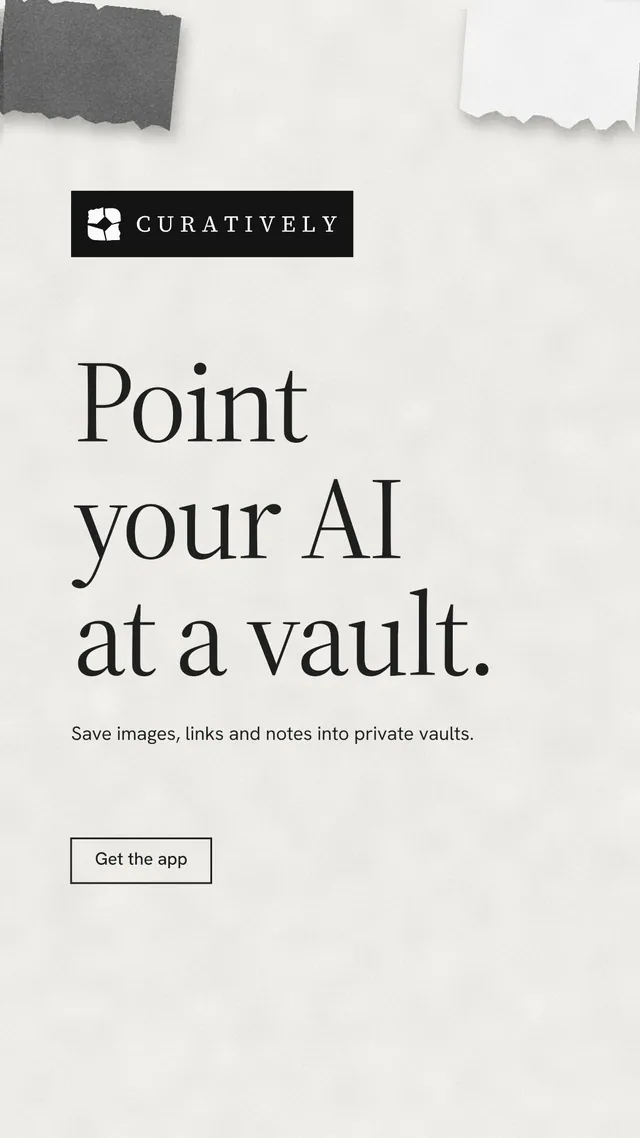 Instagram story for Curatively: "Point your AI at a vault." Editorial style, announce layout, light palette in white, grey.