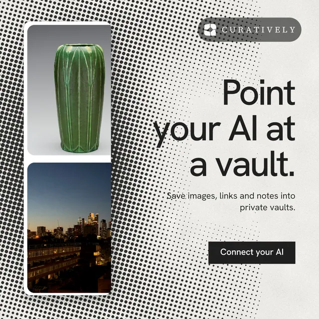 Instagram post for Curatively: "Point your AI at a vault." Swiss style, right layout, light palette in white, grey.
