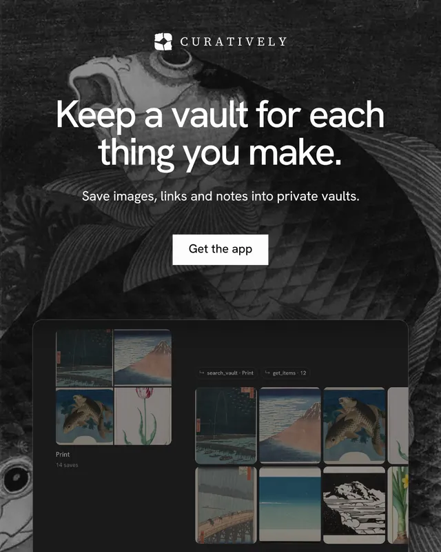 Instagram portrait post for Curatively: "Keep a vault for each thing you make." Swiss style, centred layout, dark palette in black, grey.