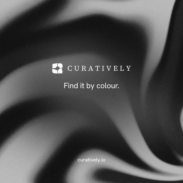 Instagram post for Curatively: "Find it by colour." Minimal luxury style, end card layout, dark palette in grey, black.