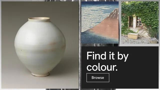 Landscape graphic for Curatively: "Find it by colour." Editorial style, collage layout, light palette in grey, black.