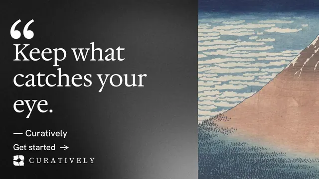 Landscape graphic for Curatively: "Keep a vault for each thing you make." Minimal luxury style, quote layout, dark palette in grey, black.