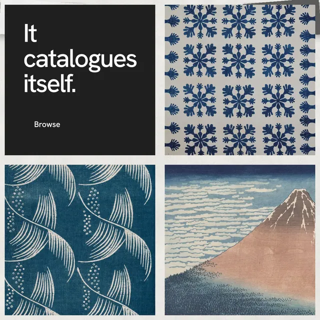 Instagram post for Curatively: "It catalogues itself." Swiss style, collage layout, light palette in grey, black, blue.