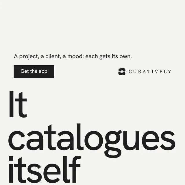 Instagram post for Curatively: "Saved, sorted and yours." Swiss style, oversized layout, light palette in white, grey.