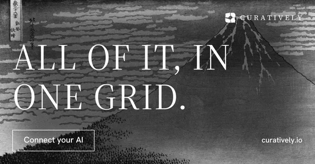 Social ad for Curatively: "All of it, in one grid." Editorial style, poster layout, dark palette in grey, black.