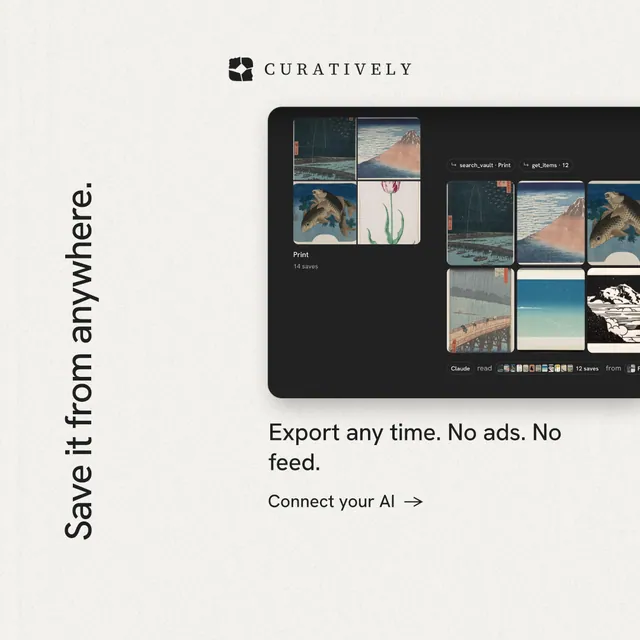 Instagram post for Curatively: "Save it from anywhere." Minimal luxury style, vertical layout, light palette in white, black, grey.