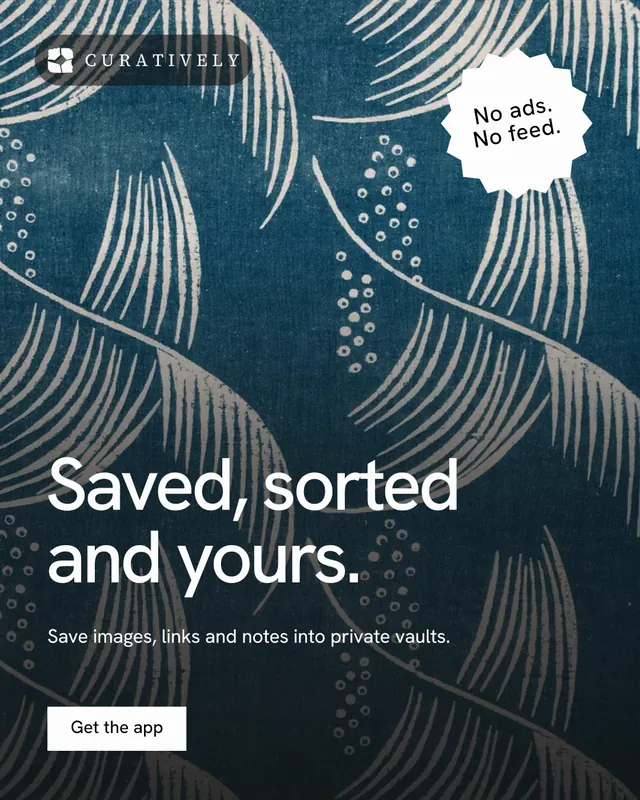 Instagram portrait post for Curatively: "Saved, sorted and yours." Swiss style, sticker layout, dark palette in black, blue, grey.