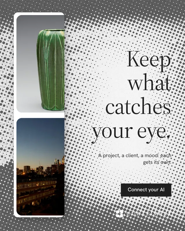 Instagram portrait post for Curatively: "Keep what catches your eye." Split block style, right layout, light palette in grey, white.