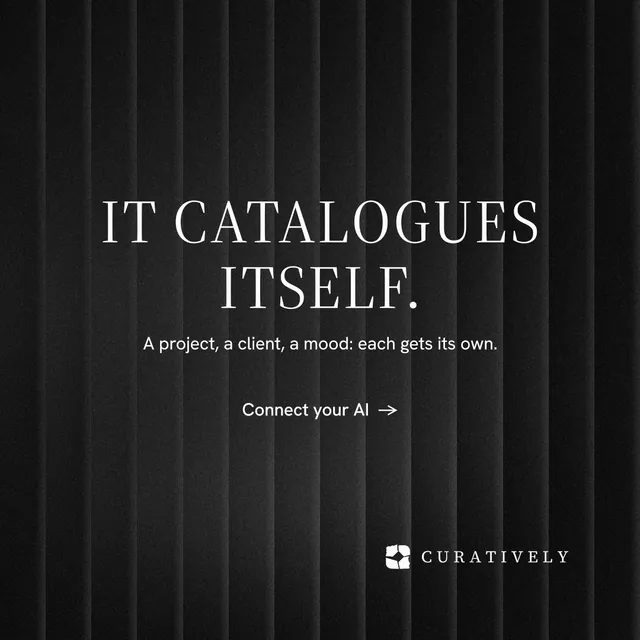 Instagram post for Curatively: "It catalogues itself." Minimal luxury style, centred layout, dark palette in black, grey.