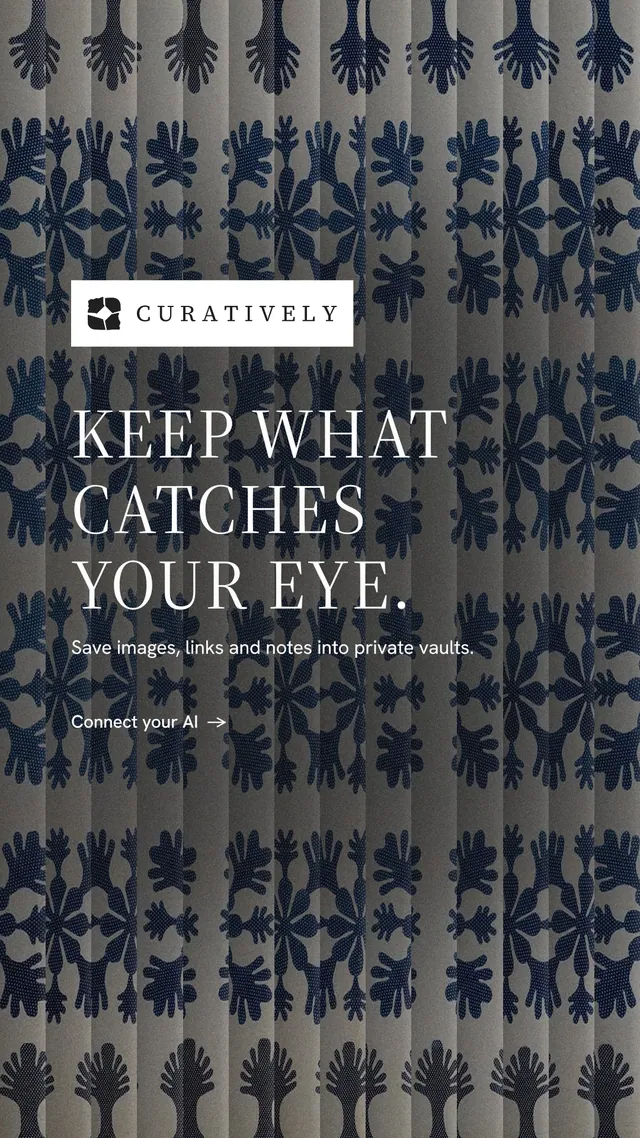 Instagram story for Curatively: "Keep what catches your eye." Minimal luxury style, announce layout, dark palette in black, blue, grey.