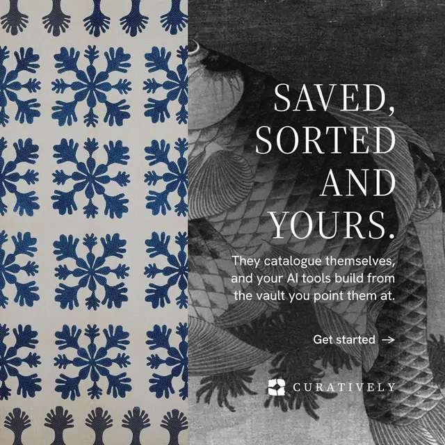 Instagram post for Curatively: "Saved, sorted and yours." Minimal luxury style, right layout, dark palette in grey, black.