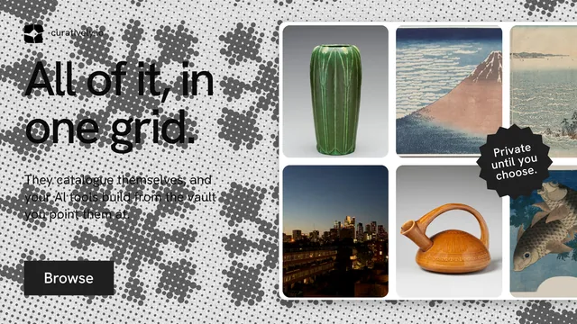 Landscape graphic for Curatively: "All of it, in one grid." Swiss style, sticker layout, light palette in grey, white.