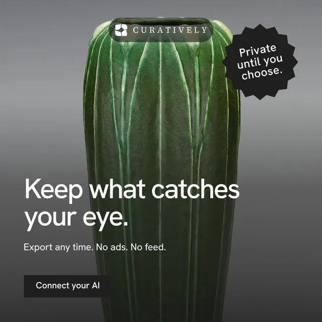 Instagram post for Curatively: "Keep what catches your eye." Swiss style, sticker layout, dark palette in grey, black.