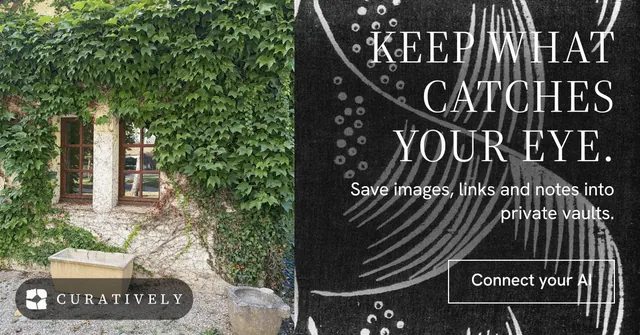 Social ad for Curatively: "Keep what catches your eye." Editorial style, right layout, dark palette in black, grey.